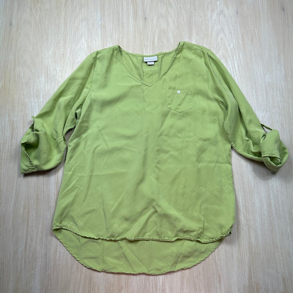 Soft Surroundings Sonora Green Roll Tab Sleeve V Neck Hi Low Tunic Blouse LG